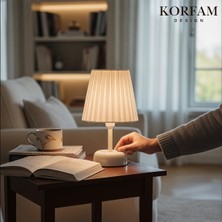 KorFam Beyaz Keten Kumaş Pilli Masa & Gece Lambası