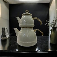 PremiumPort Emaye Çaydanlık Takımı, Altın Kulplu, Çift Katlı, Şık ve Dayanıklı