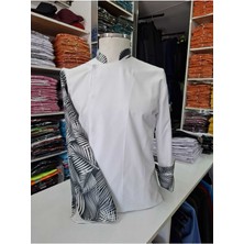 Beyaz Kol Siyah Desenli Aşçı Ceketi