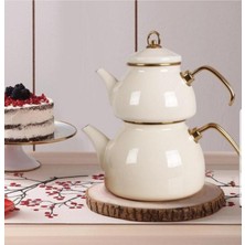 PremiumPort Krem Emaye Kilitli Kapaklı Çaydanlık Takımı, Şık ve Dayanıklı Tasarım