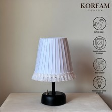 KorFam Püsküllü Beyaz Kumaş Modern Pilli Masa & Gece Lambası