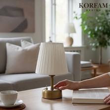 KorFam Beyaz Keten Kumaş Pilli Masa & Gece Lambası