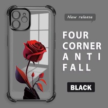 Ucuc iPhone 12 Uyumlu Şeffaf Silikon Köşe Koruma Lens Korumalı Elektroplatlı Kenar Kılıf Kırmızı Gül Desenli