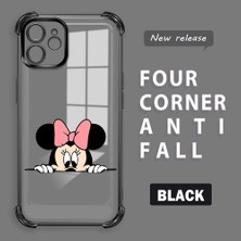 Ucuc iPhone 12 Uyumlu Şeffaf Silikon Köşe Koruma Lens Korumalı Elektroplatlı Kenar Kılıf Mickey Desenli