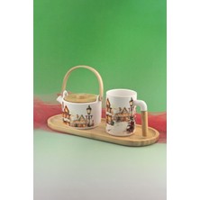 PremiumPort Bambu Tepsili Porselen Çay Demlik Seti, Şıklık ve Zarafetli Sıcaklık Sunar