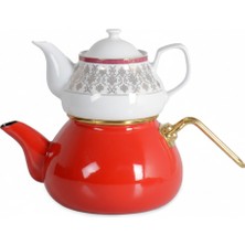 PremiumPort Şık Kırmızı Emaye Porselen Çaydanlık ve Demlikli Ikili Set