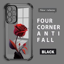 Ucuc Samsung Galaxy A32 Uyumlu Şeffaf Silikon Köşe Koruma Lens Korumalı Elektroplatlı Kenar Kılıf Kırmızı Gül Desenli