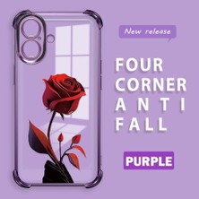 Ucuc iPhone 16 Uyumlu Şeffaf Silikon Köşe Koruma Lens Korumalı Elektroplatlı Kenar Kılıf Kırmızı Gül Desenli