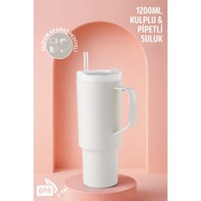 Ny Home Büyük Boy, Kulplu ve Pipetli 1200ML. Suluk & Matara - Silikon Aparat Hediyeli Krem