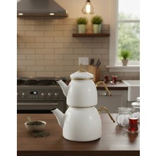 PremiumPort Beyaz Emaye Çaydanlık Takımı, Gold Detaylı, Nostaljik Tasarım, Indüksiyon Uyumlu