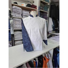 Beyaz Kolu Lacivert Desenli Aşçı Ceketi