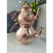 PremiumPort Bakır Büyük Boy Ahşap Kulplu Otantik Çaydanlık 4 Parça Set