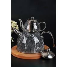 PremiumPort Mermer Desenli Çelik Cam Çaydanlık Takımı, Şık ve Modern Tasarım