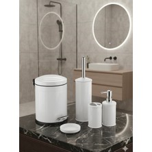 5 Parça Beyaz Banyo Seti - Çöp Kovalı ve Fırçalı Lüks Banyo Aksesuarları Takımı