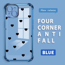 Ucuc iPhone 15 Plus Uyumlu Şeffaf Silikon Köşe Koruma Lens Korumalı Elektroplatlı Kenar Kılıf Kalp Desenli