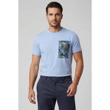 Sabri Özel Giotelli Erkek Mavi Dar Kesim Slim Fit Pamuklu Örme Baskılı Bisiklet Yaka Tişört