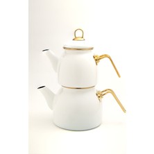 PremiumPort Beyaz Emaye Çaydanlık Takımı, Altın Renkli Metal Kulplu, Retro Tasarım