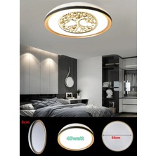 Gökyüzü Panel Hayat Ağacı Gold Avize, 50CM, Yuvarlak, 45WATT, Beyaz Işık, Ledli Tavan Armatürü, Gold Gövde, Şeritli