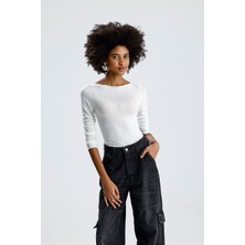 Rose Arya Beyaz Kayık Yaka Uzun Kollu Badi