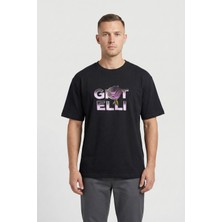 Giotelli Erkek Siyah Geniş Kesim Oversize Fit %100 Pamuk Baskılı Bisiklet Yaka Tişört