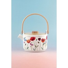 PremiumPort Şık Bambu Kapaklı Mini Porselen Demlik, Sağlıklı Çay Demleme Seti