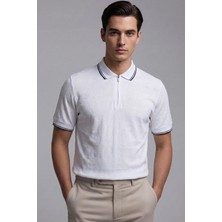 Sabri Özel Giotelli Erkek Beyaz Normal Kesim Regular Fit %100 Pamuk Merserize Fermuarlı Polo Yaka Tişört
