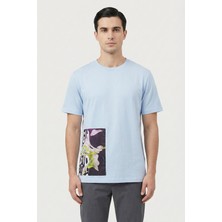 Sabri Özel Giotelli Açık Mavi Standart Fit %100 Pamuklu Baskılı Bisiklet Yaka Tişört