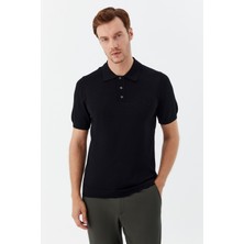 Sabri Özel Siyah Regular Fit Göğüs Nakış Detaylı Polo Yaka Triko T-shirt