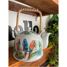 PremiumPort Porselen Hasır Saplı Bitki Çayı Demliği, Papağan Desenli, Kapaklı, Dekoratif