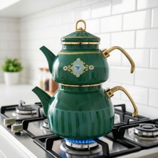 PremiumPort Yeşil Emaye Çaydanlık Takımı 2 Lt + 1 Lt, Şık ve Dayanıklı Tasarım