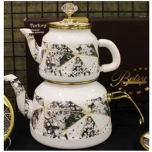 PremiumPort Prizma Desenli Vintage Emaye Çaydanlık Takımı, Şık ve Kullanışlı Set