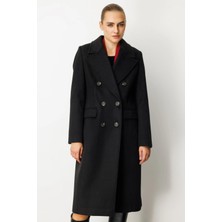 Ekol Kadın Kruvaze Yaka Kapak Cepli Siyah Kaban 06960