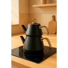 PremiumPort Siyah Granit Kaplama Cam Kapaklı Gold Kulplu Çaydanlık