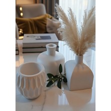 Safir Design Iskandinav Tarzı Pampas Hediyel,i 3'lü Beyaz Vazo Seti - El Yapımı Taş Tozu Minimalist Ev Dekoru