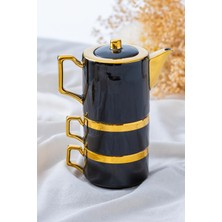 PremiumPort Şık Siyah Porselen Demlik ve Fincan Takımı, 2 Kişilik Set