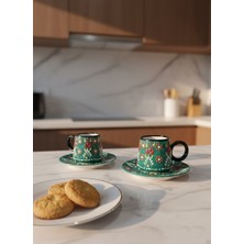 RGS Homelife 2'li El Yapımı Kazan Tipi 4 Parça 2 Kişilik Türk Kahvesi Fincan Seti, Fincan Takımı  Koyu Yeşil