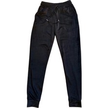 Remstdrk Parlak Kadife Cepli Pantolon Eşofman Pijama Altı Unisex Lastikli Paça Siyah