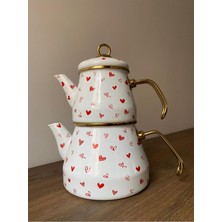 PremiumPort Kırmızı Kalpli Emaye Çaydanlık Seti, Retro Tasarım, 2'li