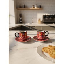 RGS Homelife 2'li El Yapımı Kazan Tipi 4 Parça 2 Kişilik Türk Kahvesi Fincan Seti, Fincan Takımı Kırmızı