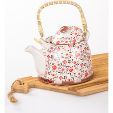 PremiumPort Hasır Saplı Porselen Demlik 900ML Çiçekli Çay ve Kahve Sunumu