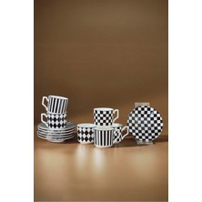 UltraMint Şık Geometrik 6 Kişilik Kahve Fincan Takımı, 90 Ml, Siyah Beyaz
