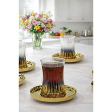 UltraMint Gold Cam Çay Seti 6'lı, Şık Bardak ve Tabak Takımı, Bulaşık Makinesinde Güvenle