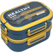 Delixa Bento 1650ML Lunchbox 2 Katlı 3 Bölmeli Paslanmaz Çelik Sefer Tası Yemek (Lacivert)