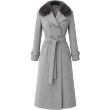 Esin Giyim Kürk Yakalı Kruvaze Kaşe Ara Boy Kaban - Old Money Tarz