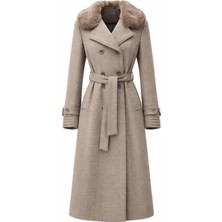 Esin Giyim Kürk Yakalı Kruvaze Kaşe Ara Boy Kaban - Old Money Tarz