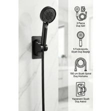 Plodna House 5 Fonksiyon Siyah Duş Başlığı Kendinden Yapışkanlı Duş Askısı 1,5 Örgülü Siyah Duş Hortumu Duş Seti