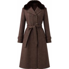 Esin Giyim Kürk Yakalı Kruvaze Kaşe Ara Boy Kaban - Old Money Tarz