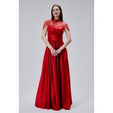 Asees Büzgülü Korsajlı Inci Boncuklu Saten Abiye Elbise