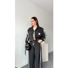 My Lunessa Kumaş Matchli Etiket Detaylı Siyah Eşofman Ceket Pantolon Ikili Takım