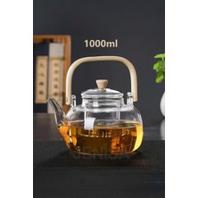 PremiumPort Şık Ahşap Saplı Cam Demlik 1000 Ml, Isıya Dayanıklı Bitki Çayı Seti